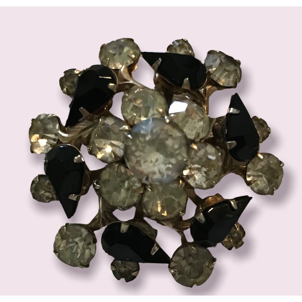 Vintage 50s Round Floral Black and Clear Rhinestone Brooch 1.5" Diameter